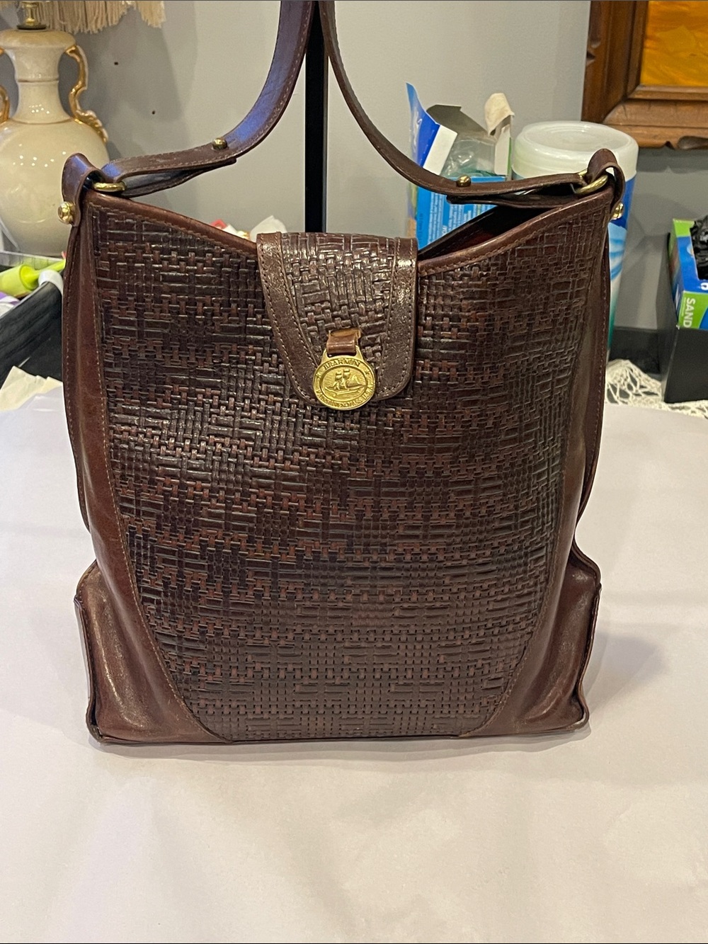 Brahmin Bags | Brahmin Brown Woven Leather Shoulder Bag With Gold Tone Medallion